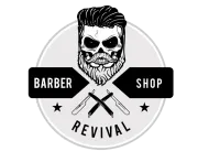 Barber shop revival logo with skull and pompadour, crossed straight razors, black-and-white design