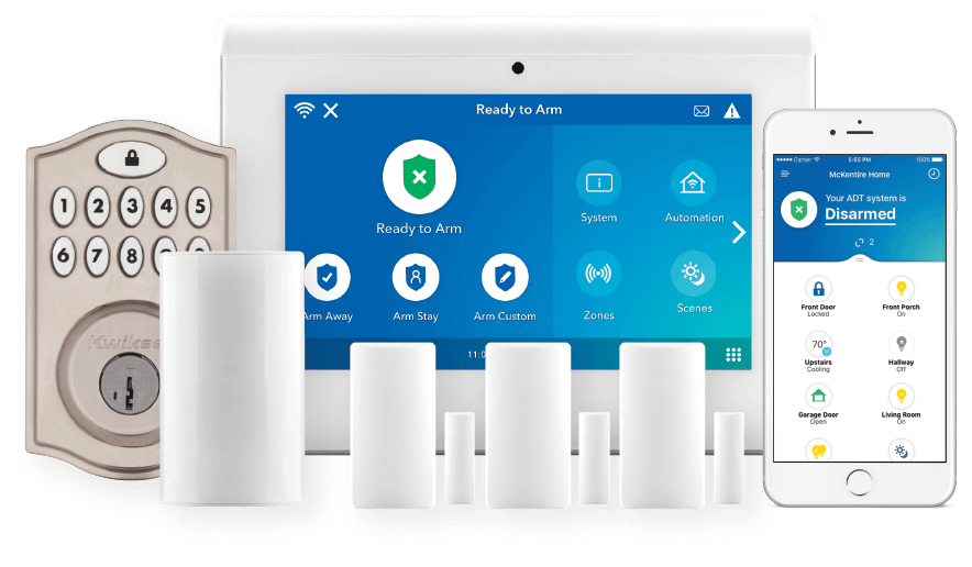 A security system with a tablet , cell phone , and remote control.