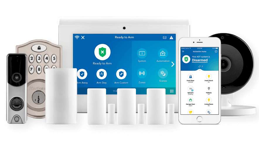 A security system with a tablet , cell phone , and doorbell.