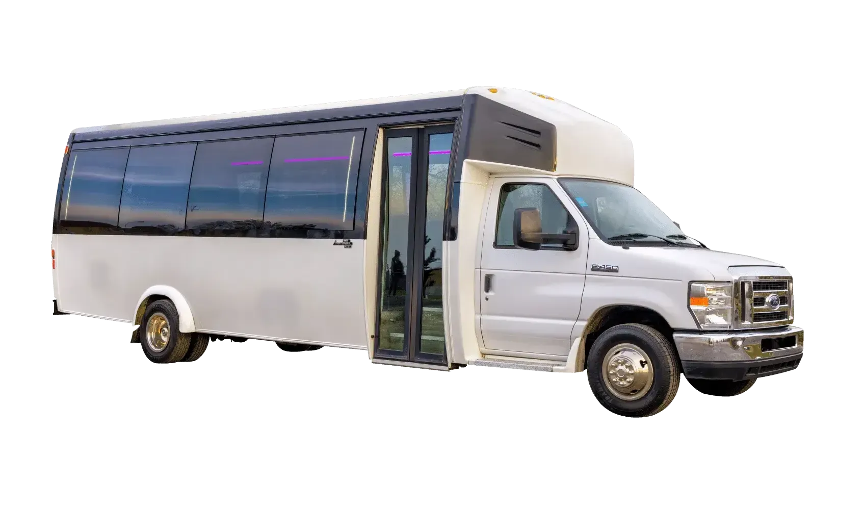White party bus with tinted windows, open door, and parked on a white background.