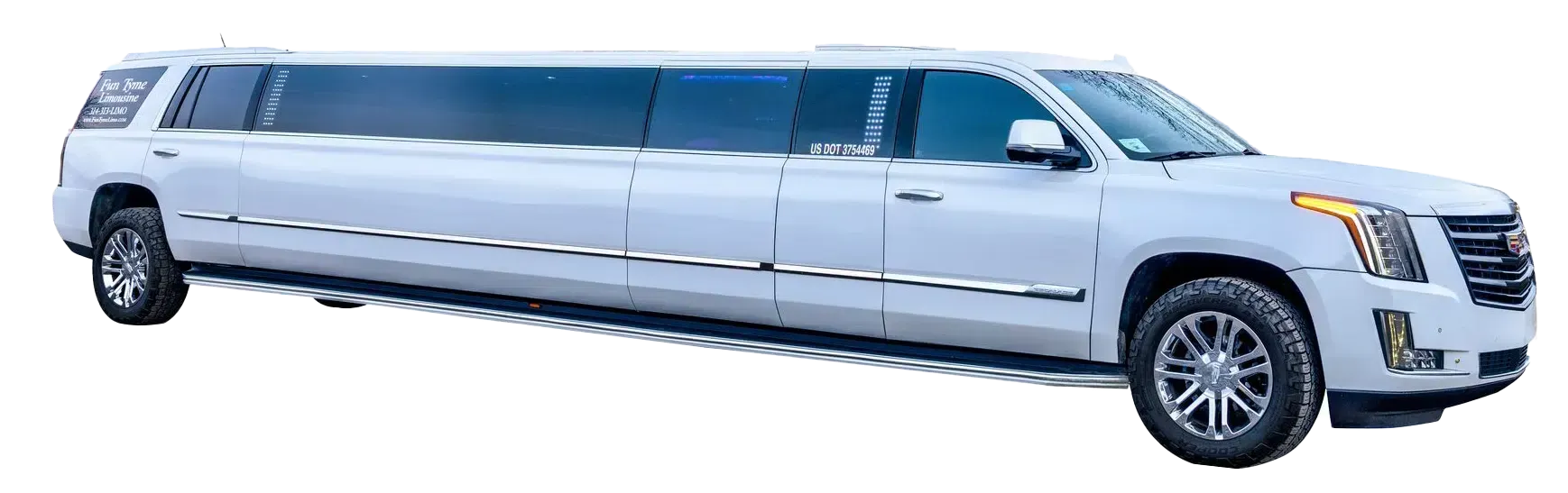White Cadillac Escalade limousine parked, angled view.