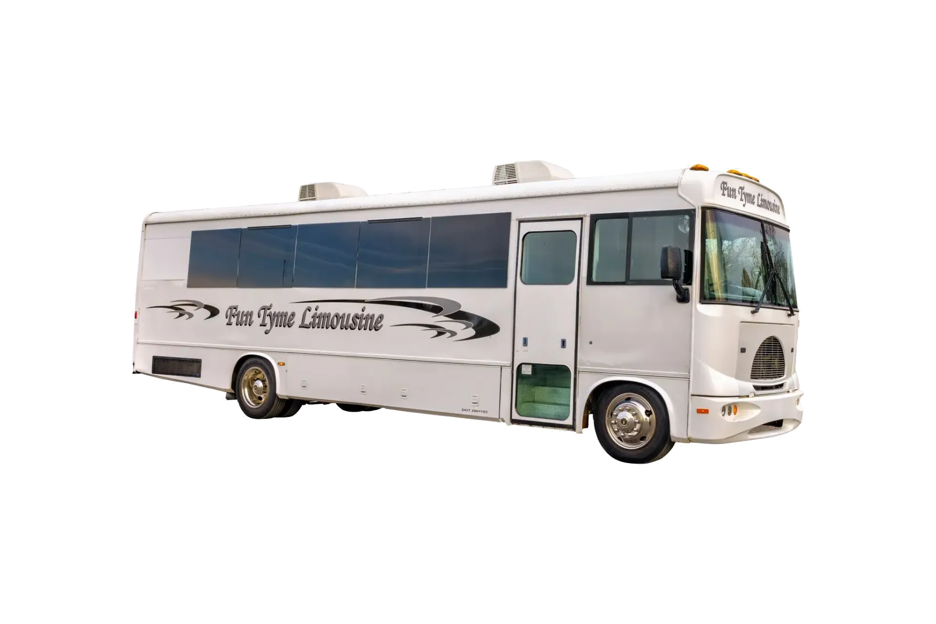 White party bus with tinted windows and
