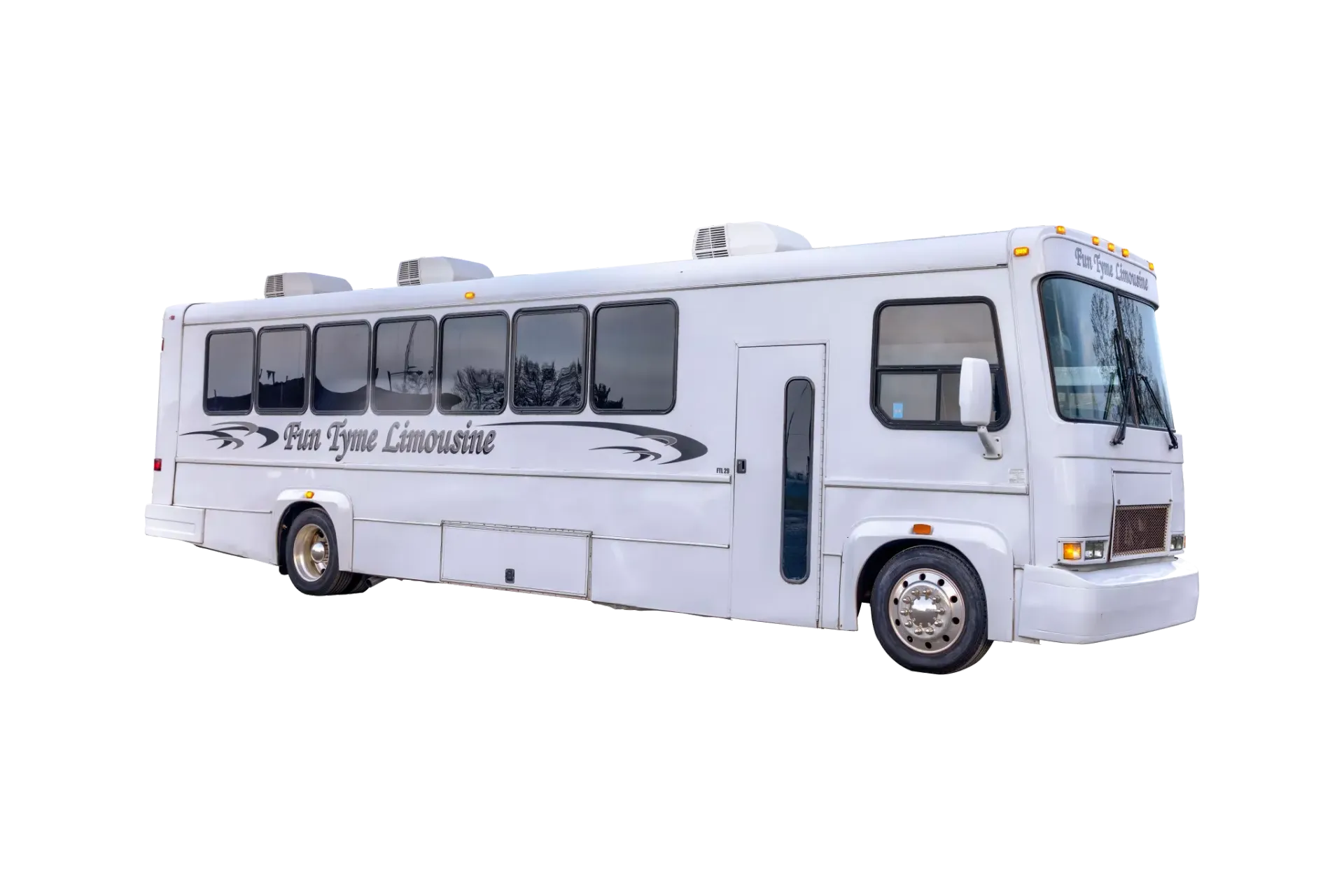 White party bus on a white background. The words "Your Prime Limousine" are visible on the side.