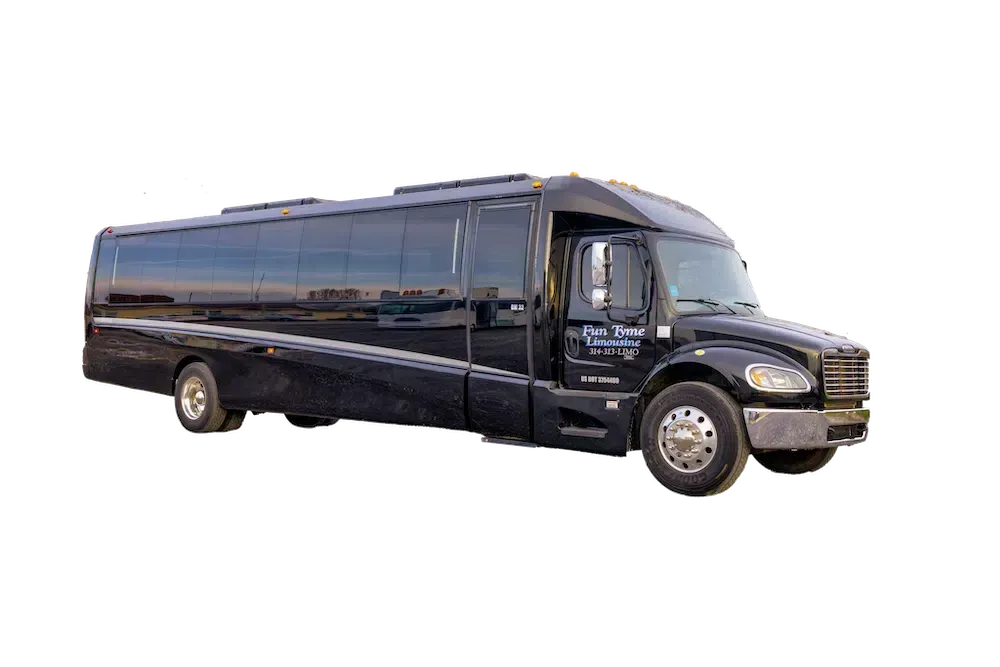 Black party bus, parked outdoors, with tinted windows and silver accents.