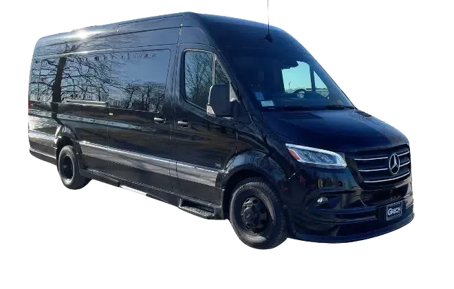 Black Mercedes-Benz Sprinter van, angled view, front corner visible, set against a white background.