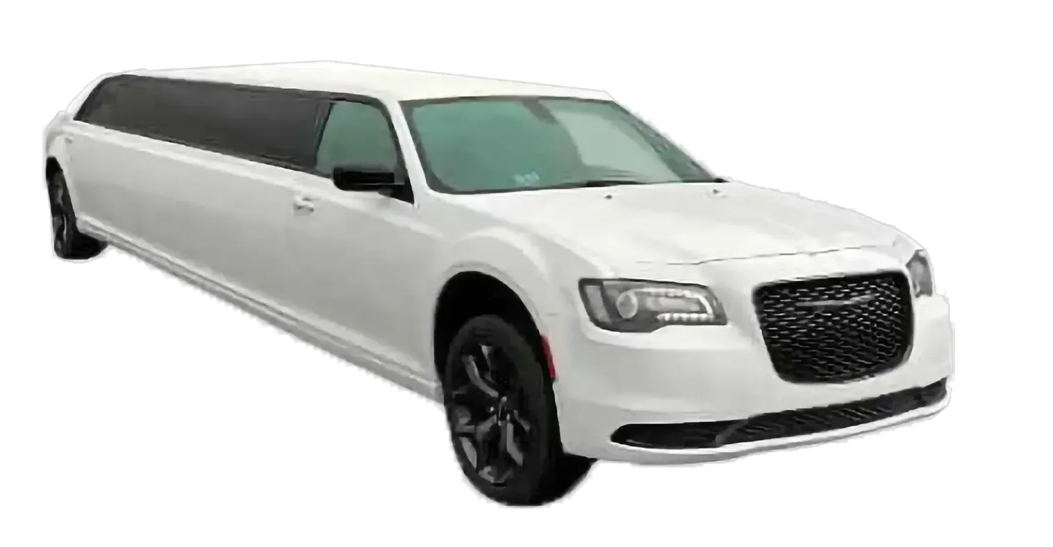 White limousine angled slightly to the right, against a white background. Black wheels and window tinting; black front grill.
