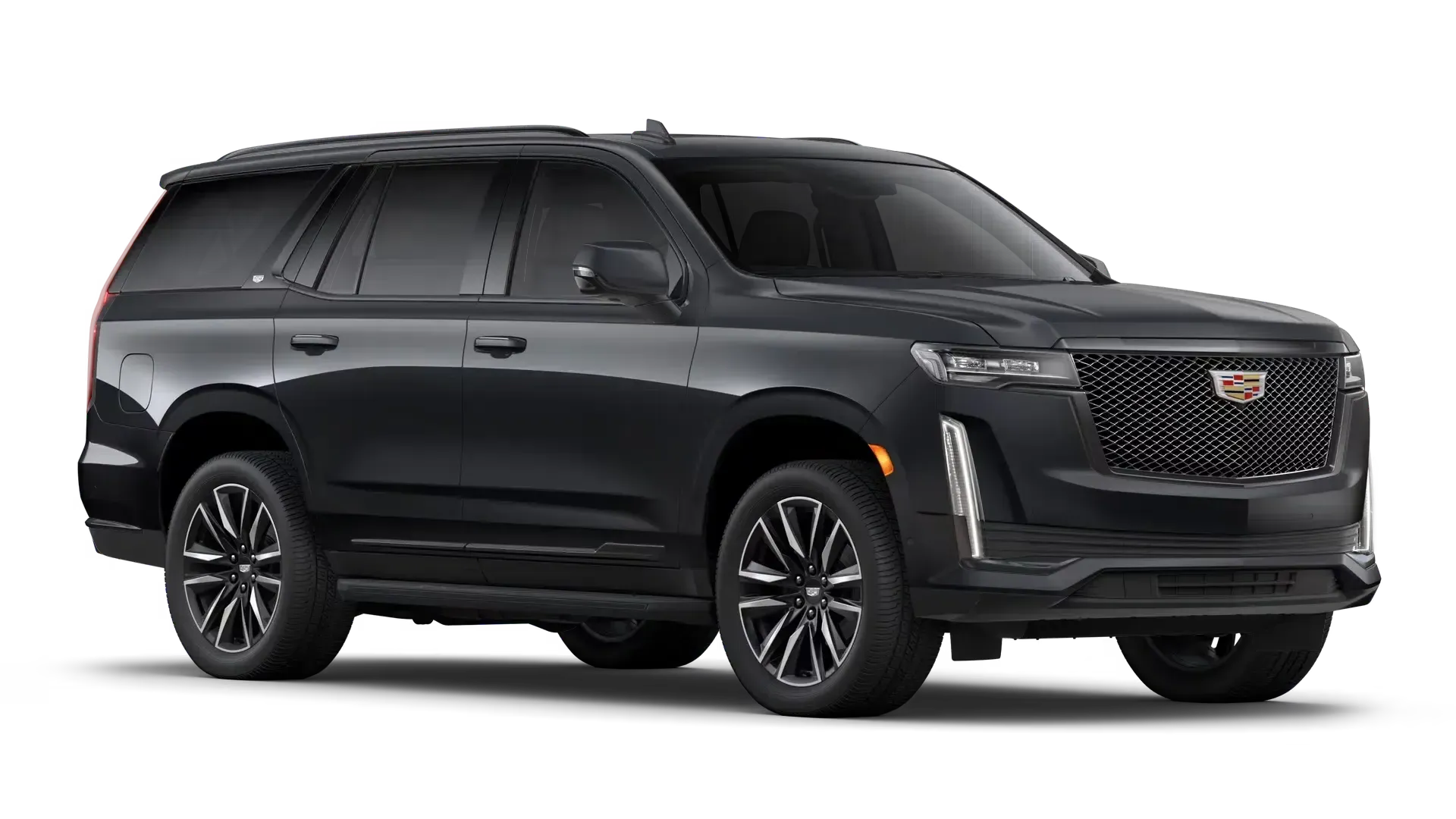 Black Cadillac Escalade SUV parked at an angle, showing front and side view, with chrome accents and silver wheels.