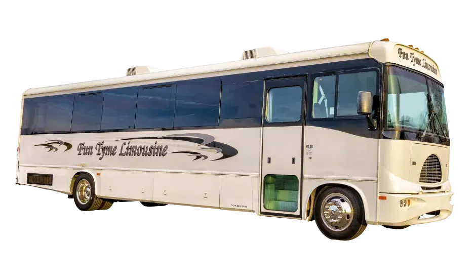 White "Fun Time Limousines" party bus parked outdoors.