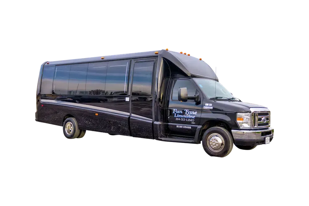 Black party bus against a white background. The bus has tinted windows and chrome accents.
