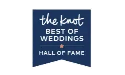 The Knot Best of Weddings Hall of Fame logo on a navy blue background, featuring white text and a star.