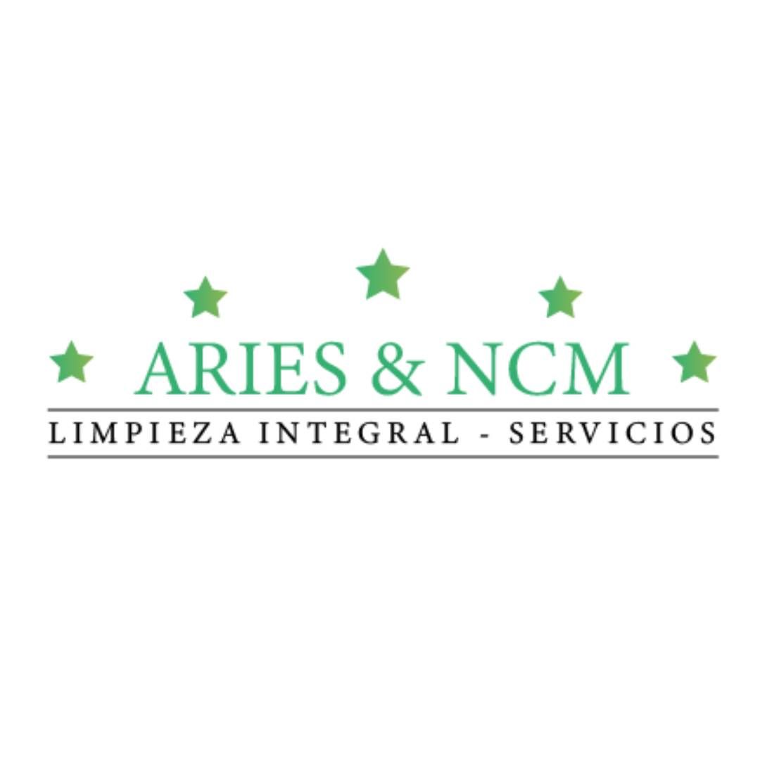 Logotipo de Aries & NCM en verde y gris con estrellas, que dice “Limpieza integral - servicios”
