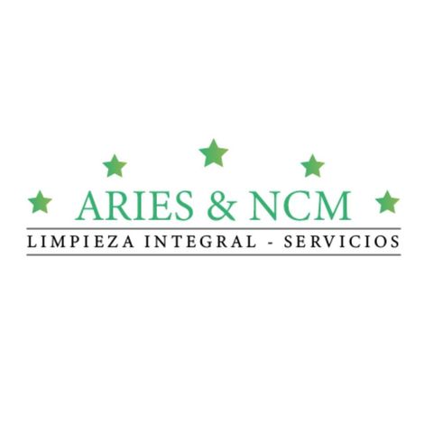 Logotipo de Aries & NCM en verde y gris con estrellas, que dice “Limpieza integral - servicios”