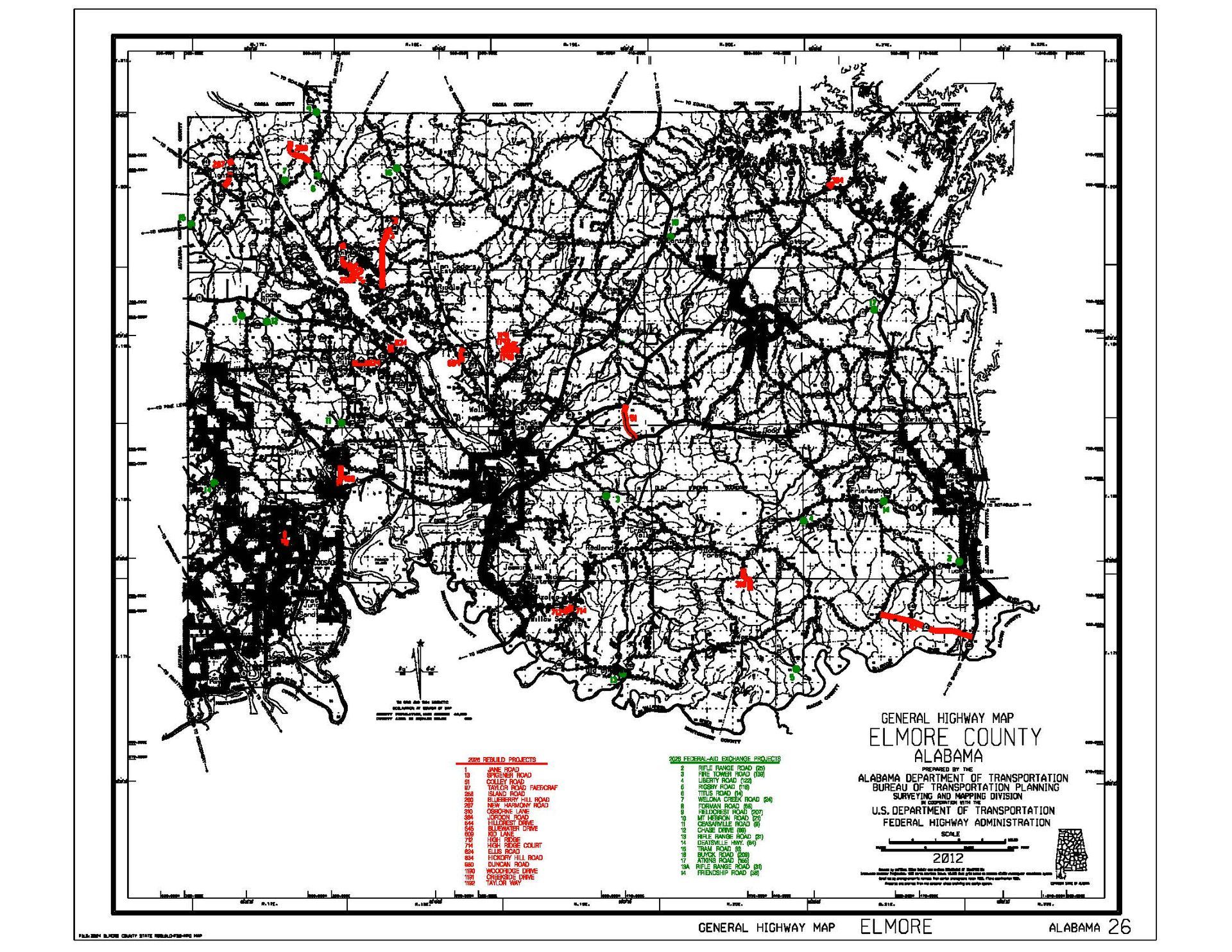 Map of Elmore County, Alabama, showing roads (black), rivers, and towns (red). Green indicates forest or vegetation.