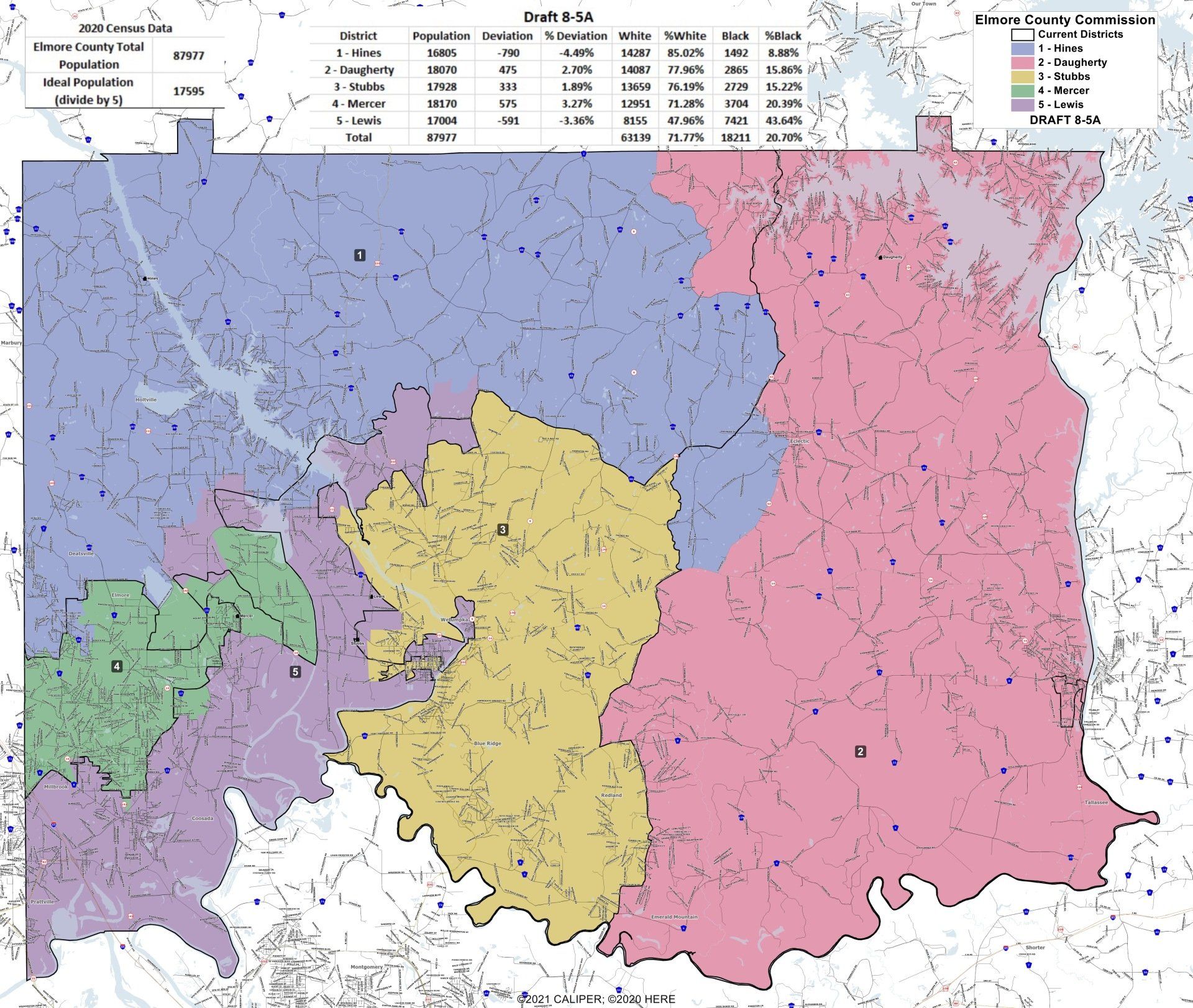 Map of Pittsylvania County, Virginia, divided into electoral districts. Districts are color-coded; the key identifies each.