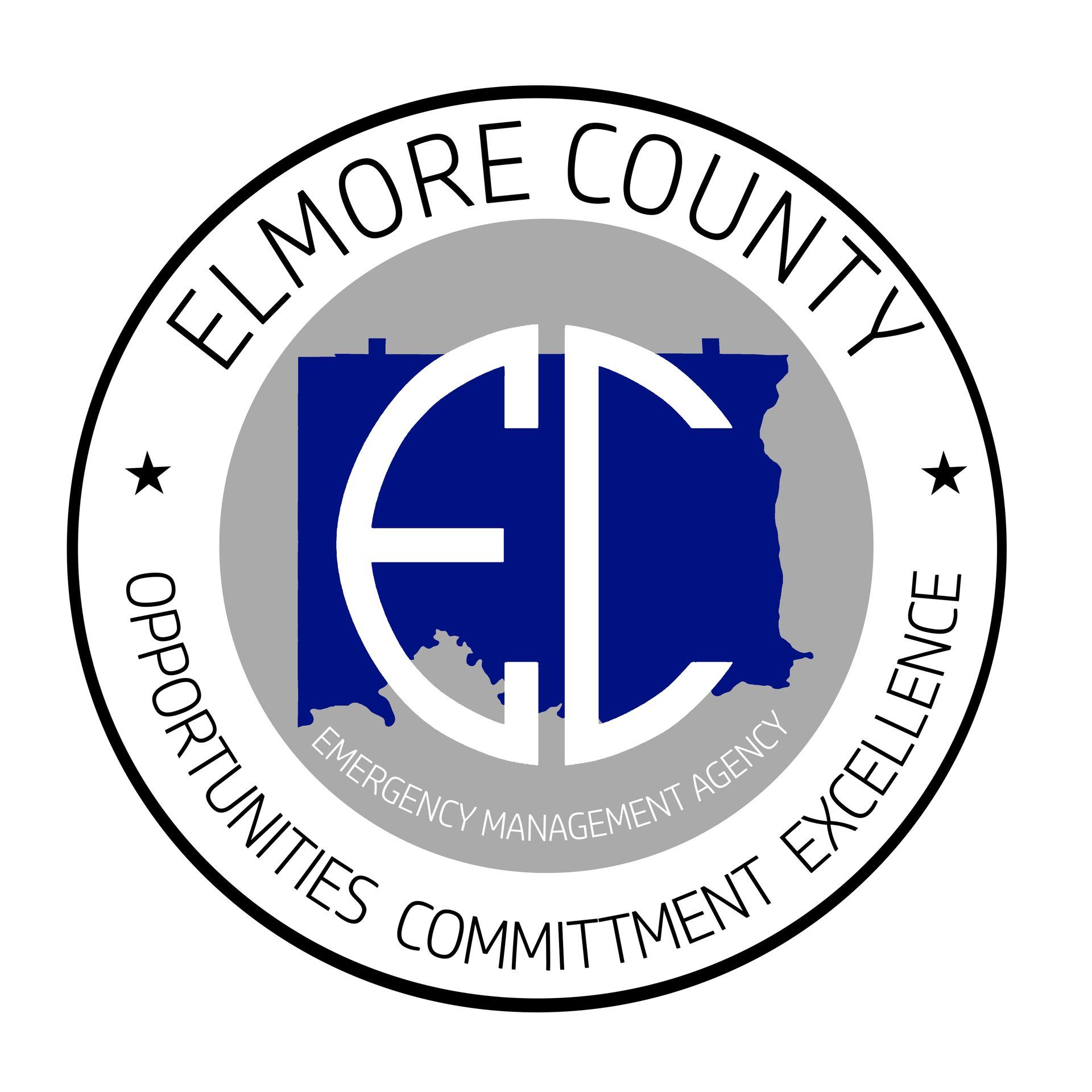 Elmore County Emergency Management Agency logo: blue outline of county with