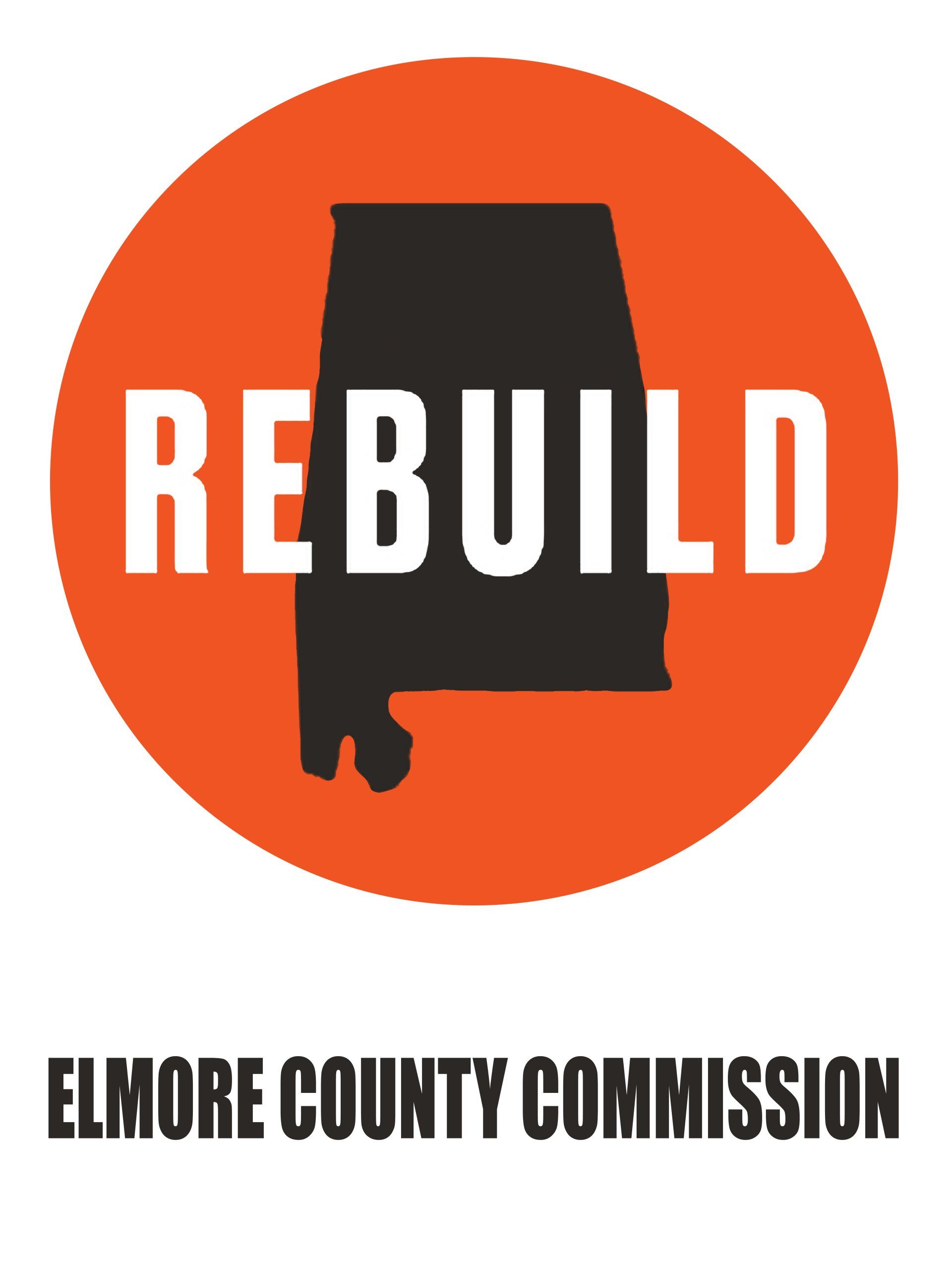 Logo for Elmore County Commission: Orange circle with the black outline of Alabama, the word 