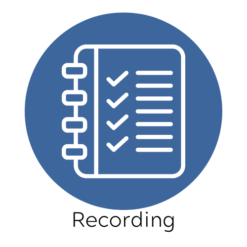 Blue circle with white line art of a notebook with a checklist and checkmarks, labeled 