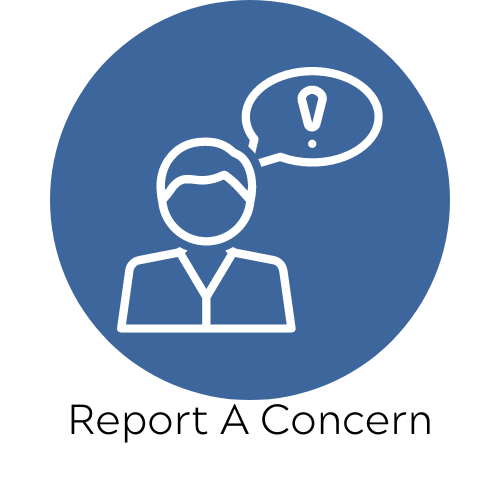 White outline of person reporting a concern, blue circle background.