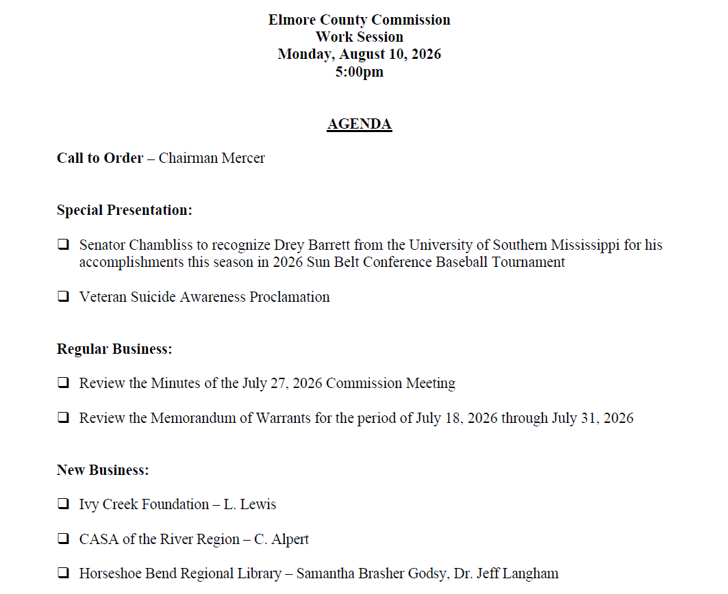 Agenda for the Elmore County Commission Work Session August 10, 2026.