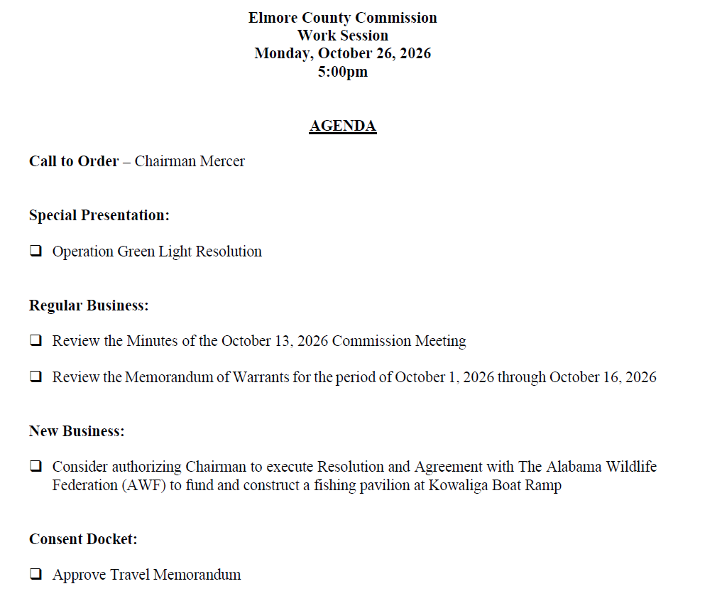 Agenda for the Elmore County Commission Work Session October 26, 2026.