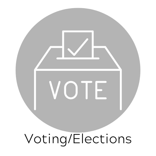 Grey circle with white outline of a ballot box with 