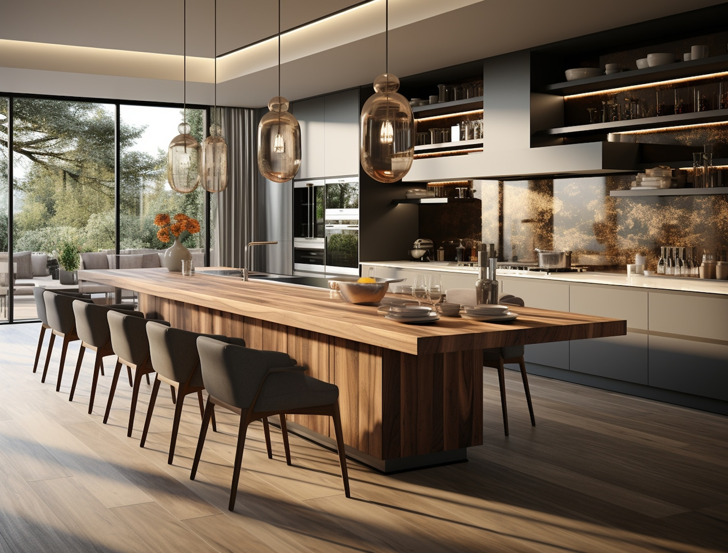 A kitchen with a long wooden table and chairs.