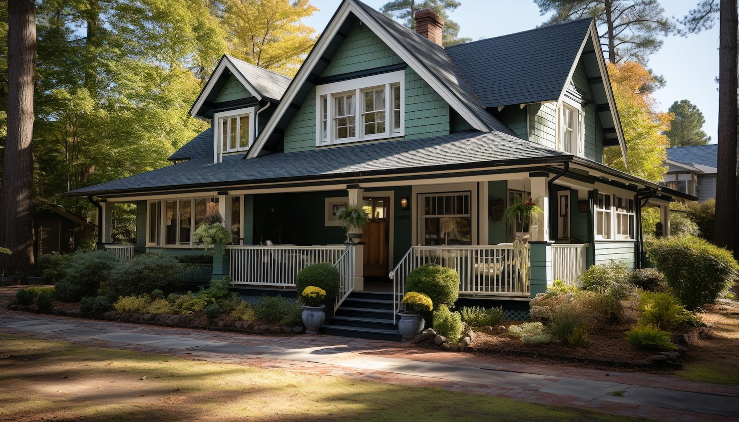 A green house with a porch in the middle of a forest.