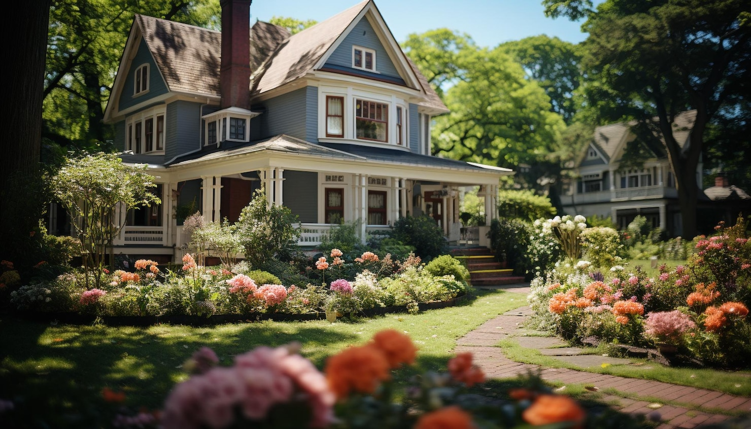 A large house with a large porch is surrounded by flowers and trees.