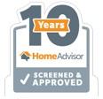 HomeAdvisor 10-year screened & approved badge with orange, grey, and white colors.
