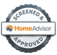HomeAdvisor screened and approved badge. White and silver with orange and grey logo.