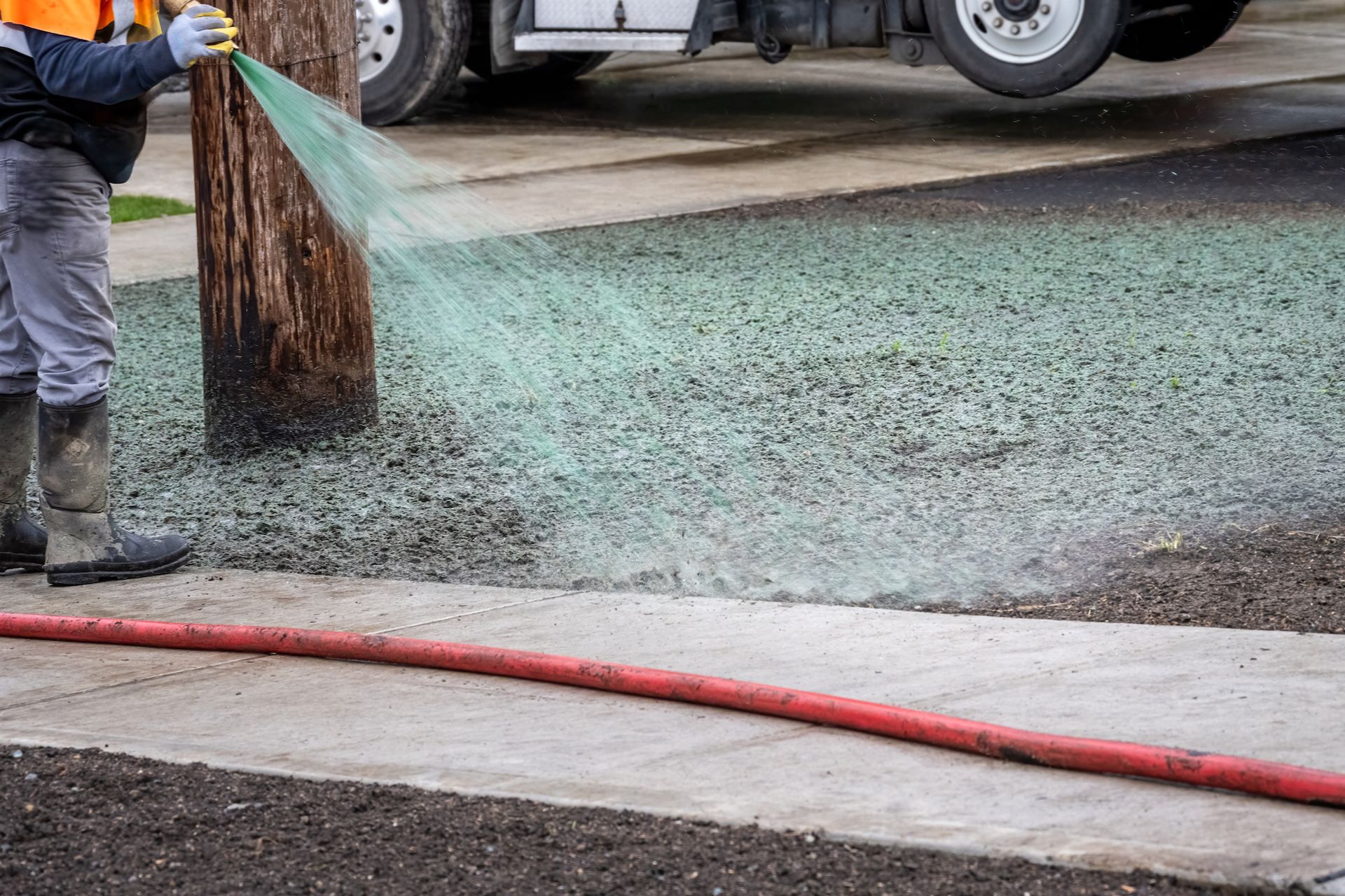 Person sprays a green substance onto asphalt pavement near a utility pole. A red hose lies on the ground.