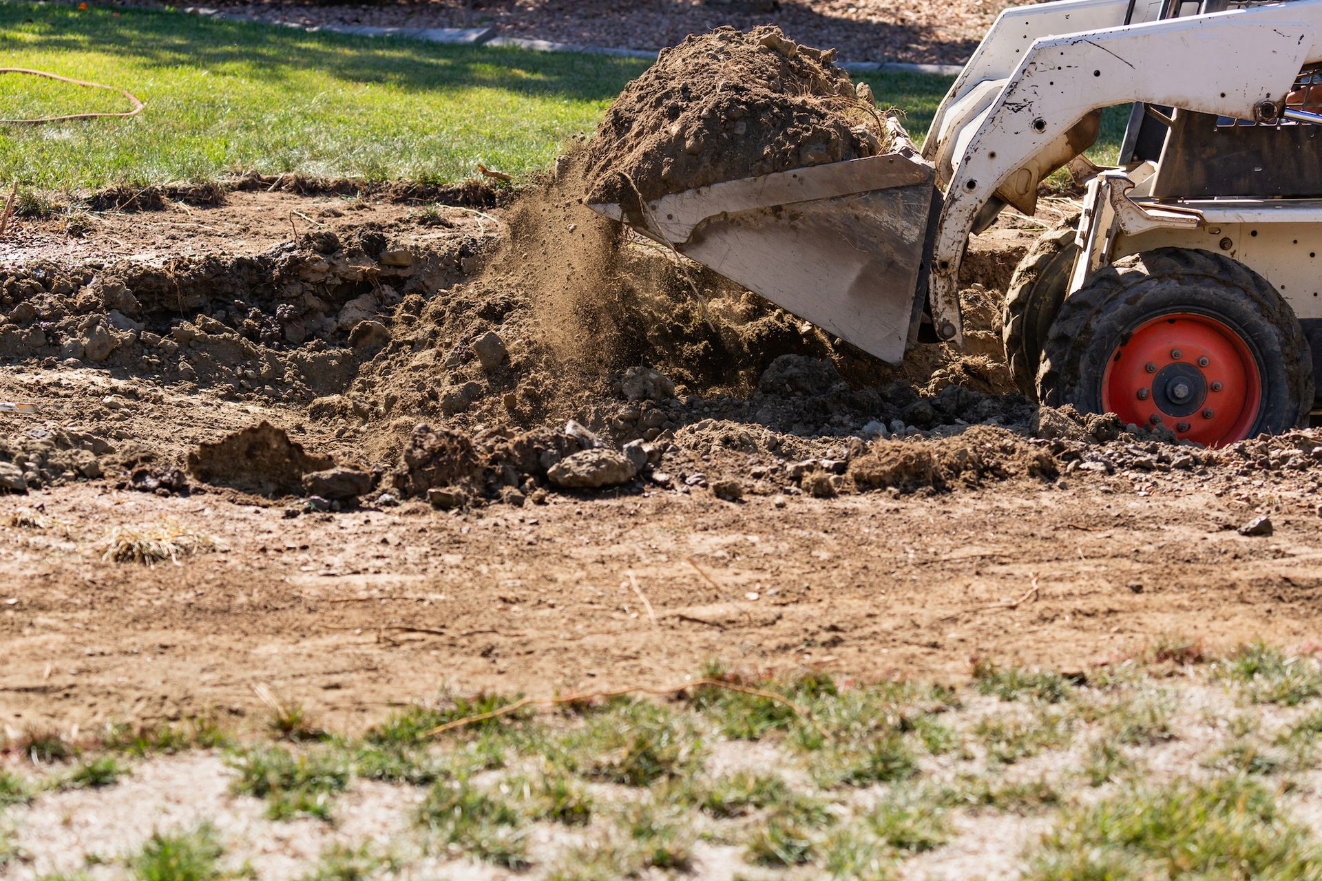 Skid steer loader excavating dirt in a grassy area, scooping up brown soil.