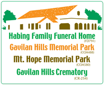 Logo for Habing Family Funeral Home and Memorial Parks. Includes building graphic, text, and associated numbers.