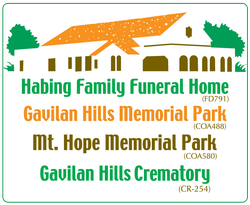 Logo for Habing Family Funeral Home and Memorial Parks. Includes building graphic, text, and associated numbers.