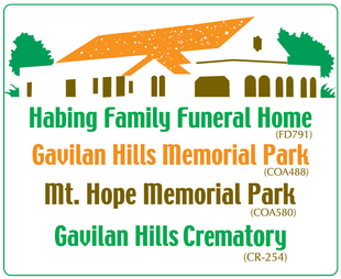 Logo for Habing Family Funeral Home and Memorial Parks. Includes building graphic, text, and associated numbers.