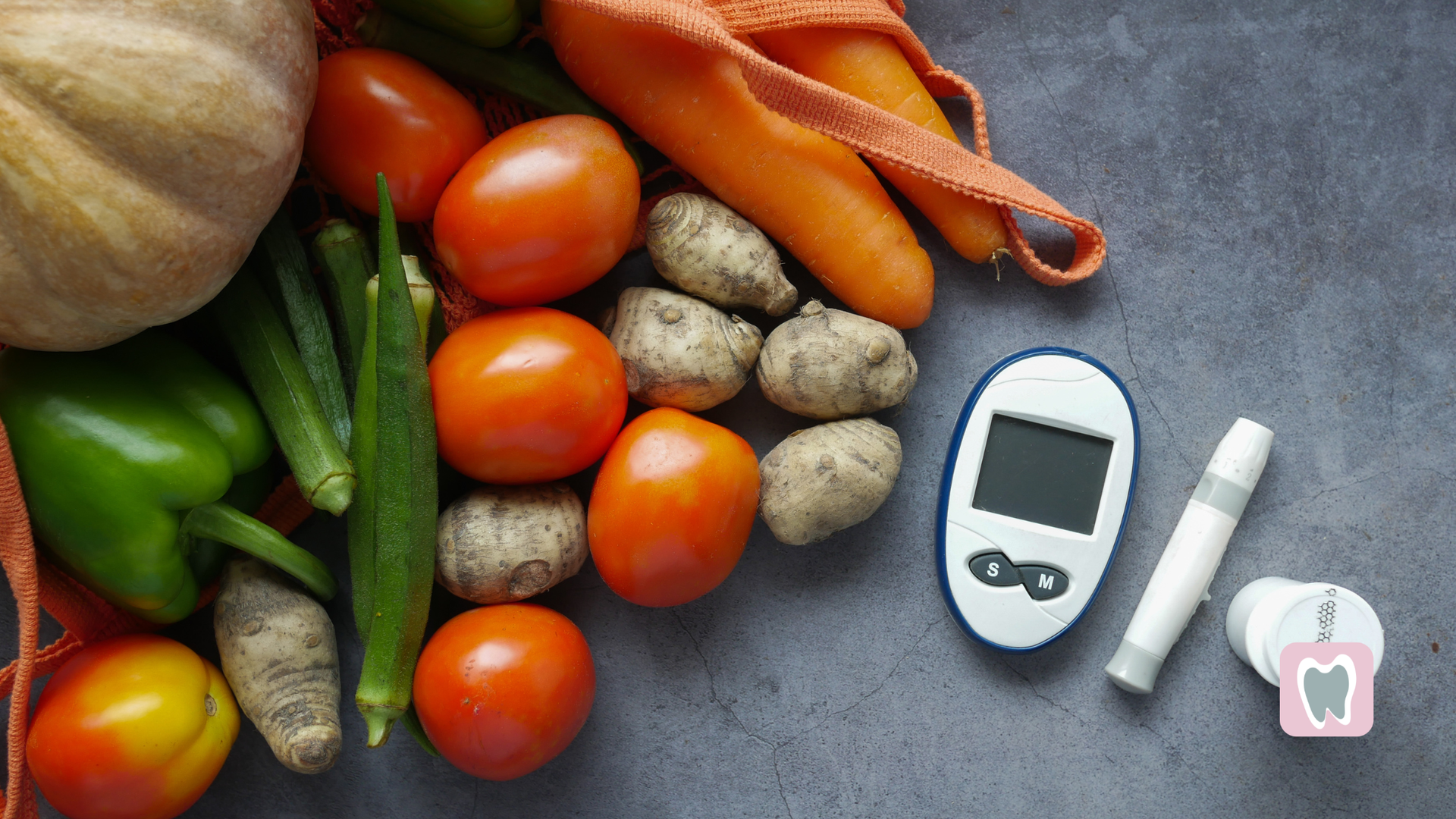 Vegetables spilling from bag next to glucose monitor and lancet.
