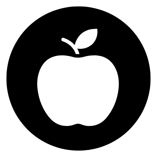 A black and white icon of an apple with a leaf in a circle.