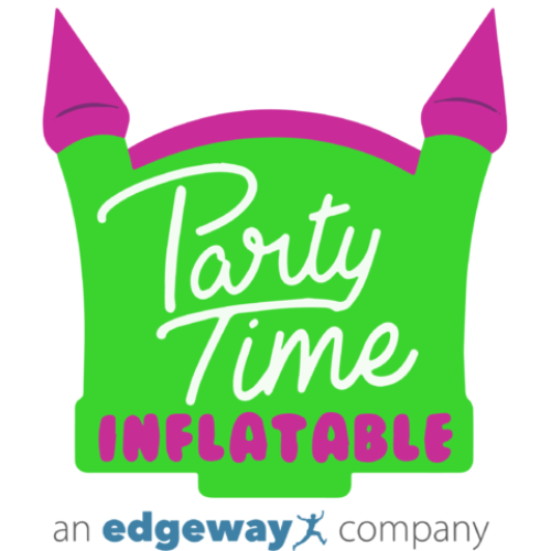a green and pink logo for party time inflatables.