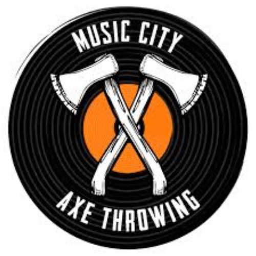 A black, white, and orange logo for music city axe throwing.
