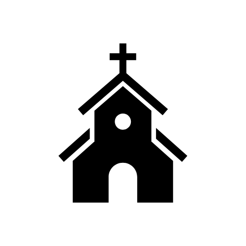 A black and white silhouette of a church with a cross on top.
