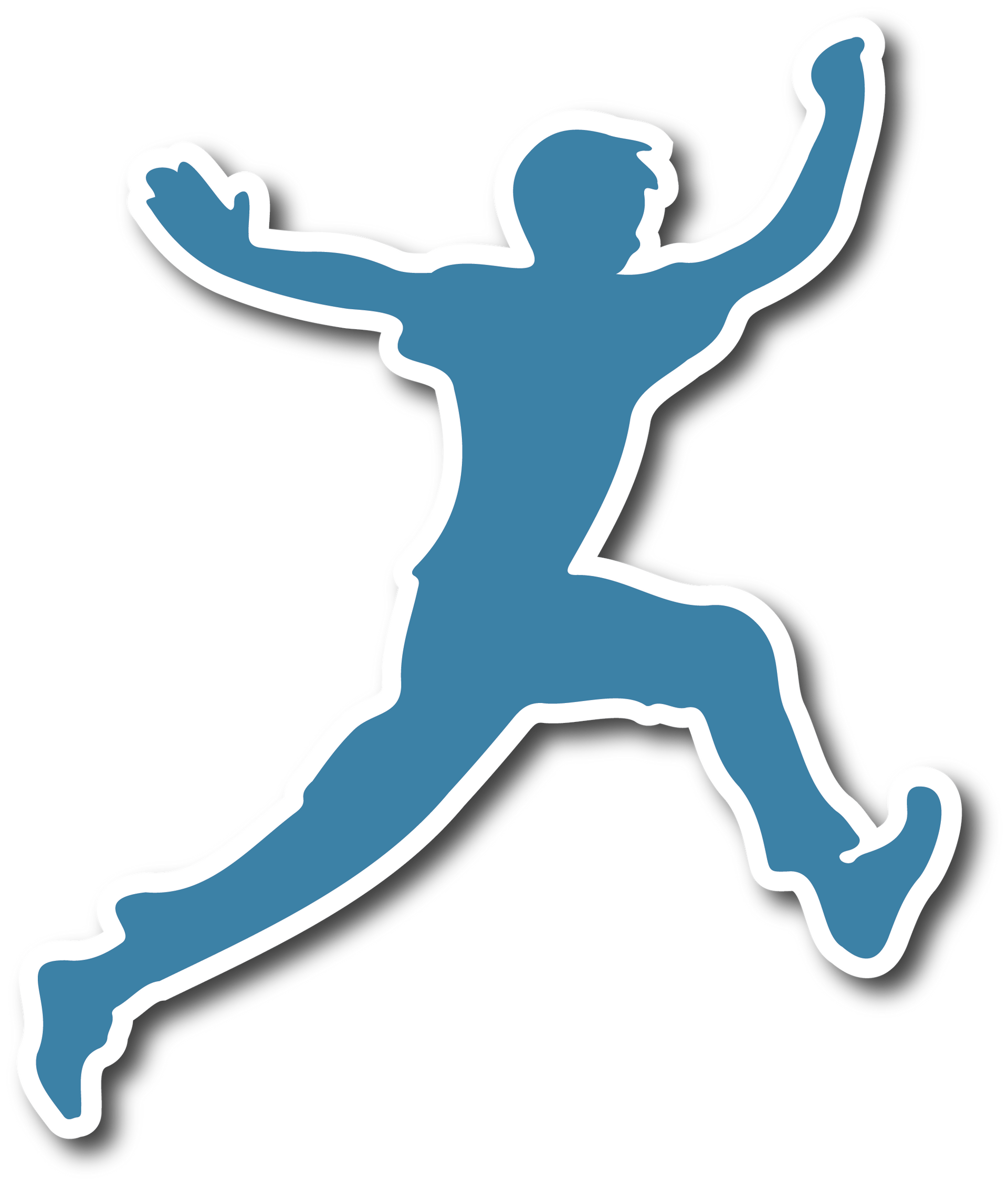 A blue silhouette of a person jumping in the air