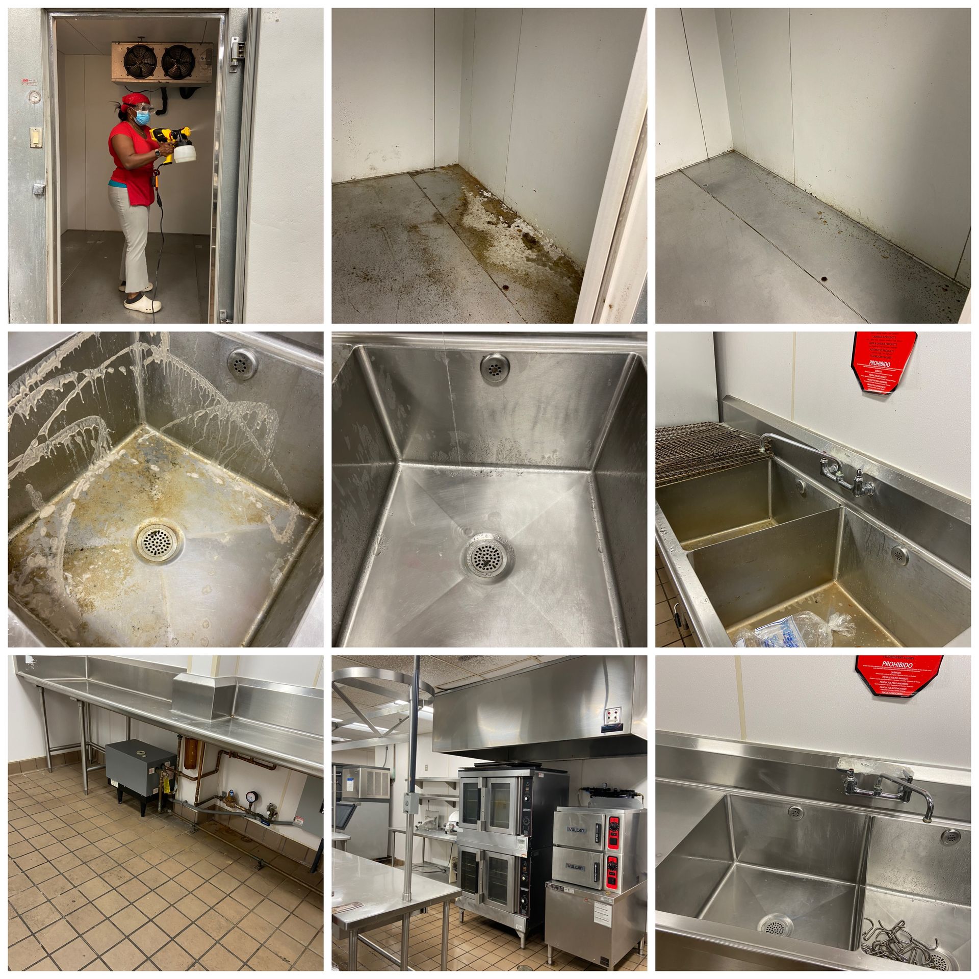 A collage of pictures of a kitchen with stainless steel sinks