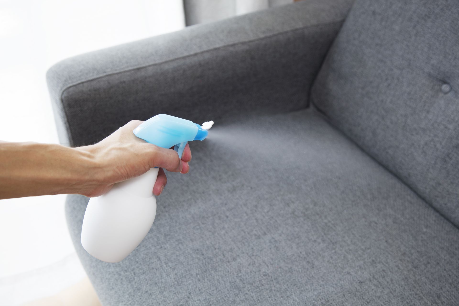 A person is spraying a couch with a spray bottle.