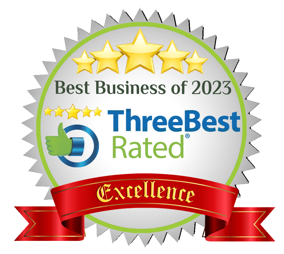 a seal that says best business of 2023 three best rated excellence