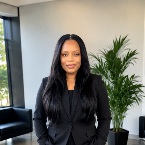 Woman in a black blazer standing in a bright office with a potted plant and window behind her