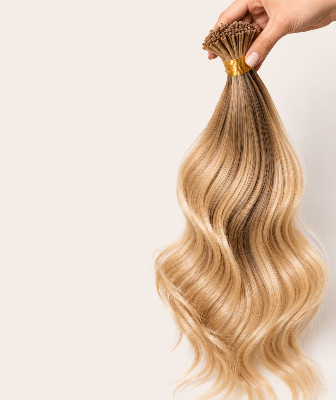 Hand holding a wavy blonde hair extension against a light background