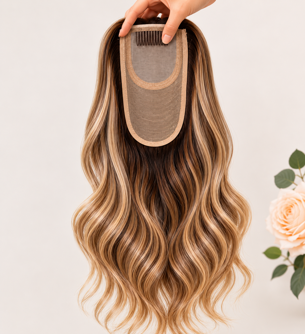 Hand holding a long wavy blonde-brown hair topper against a light background