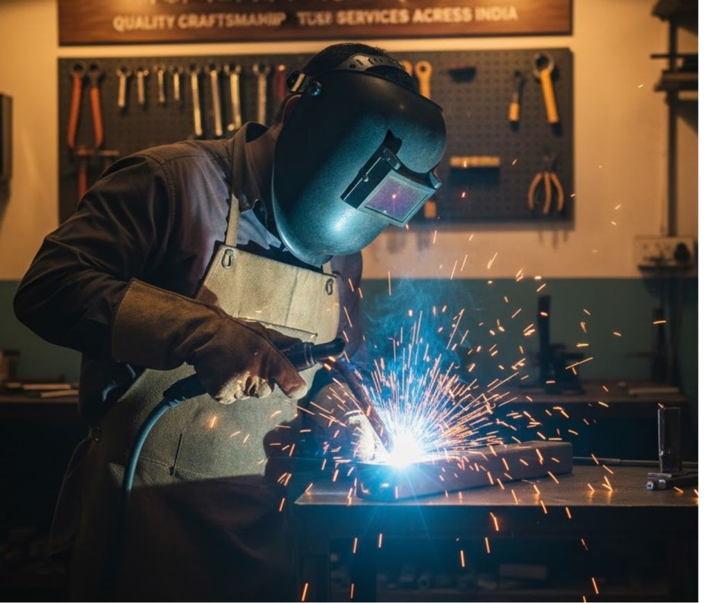 Welder in blue helmet sparks metal workbench in a workshop