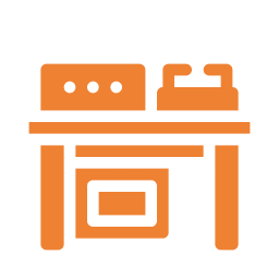 Orange line icon of a stovetop oven with knobs, burners, and an oven door