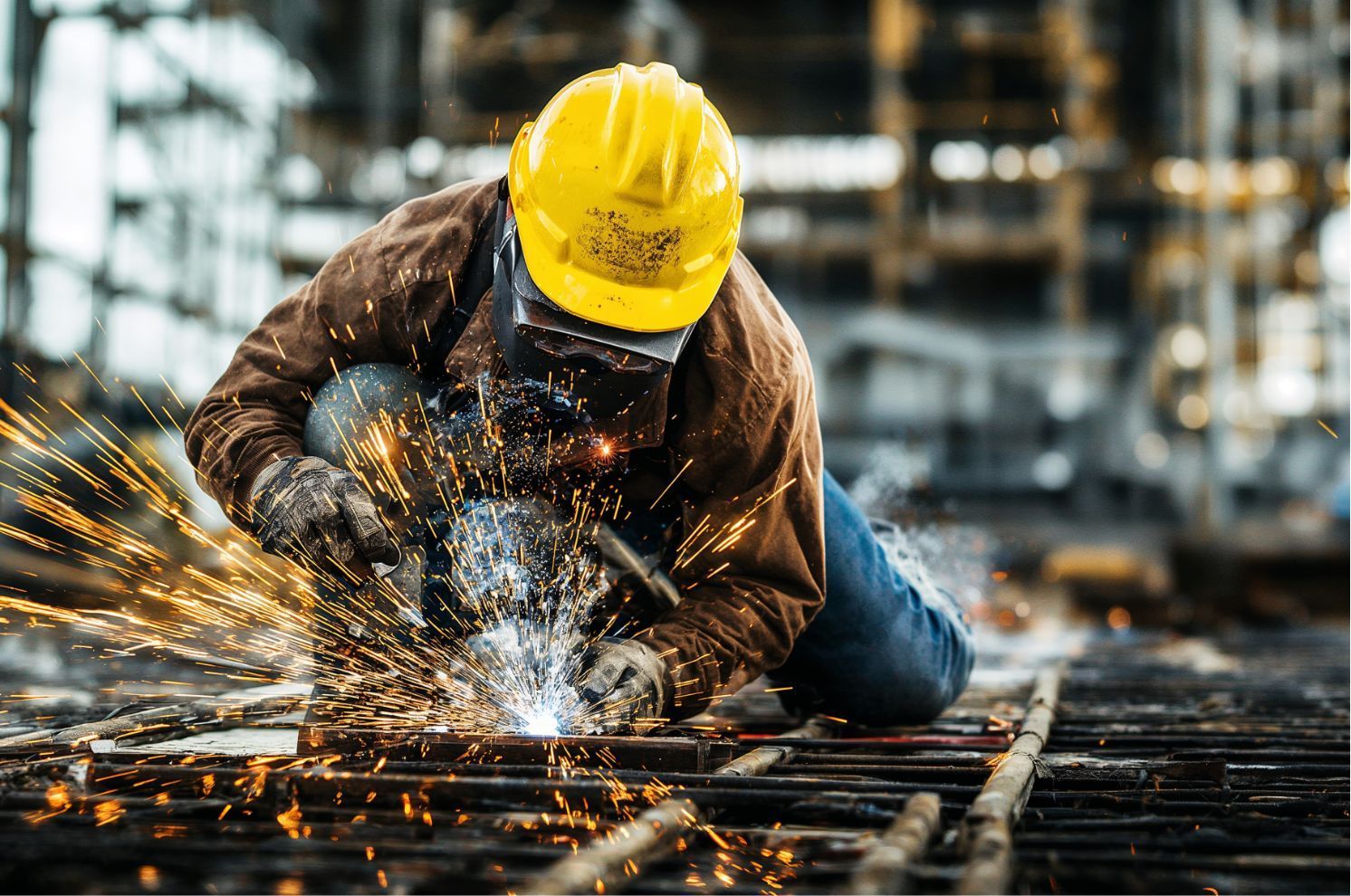 Welder in yellow hard hat sparks metal on a construction site